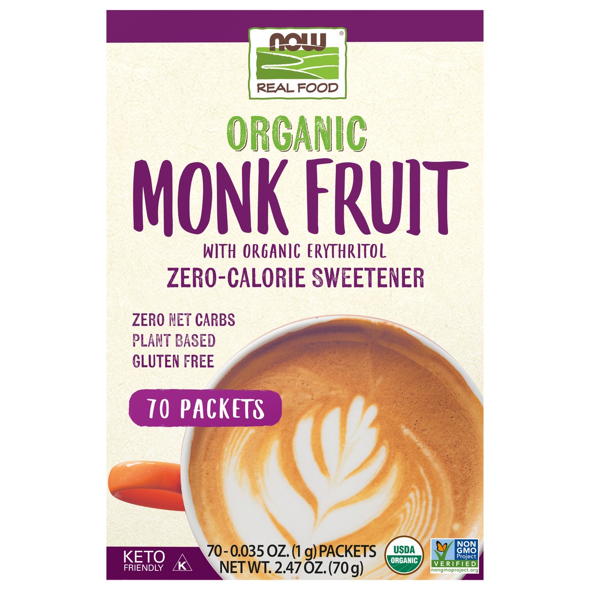 slide 1 of 4, NOW Real Food Monk Fruit with Erythritol, Organic - 70 Packets, 70 ct