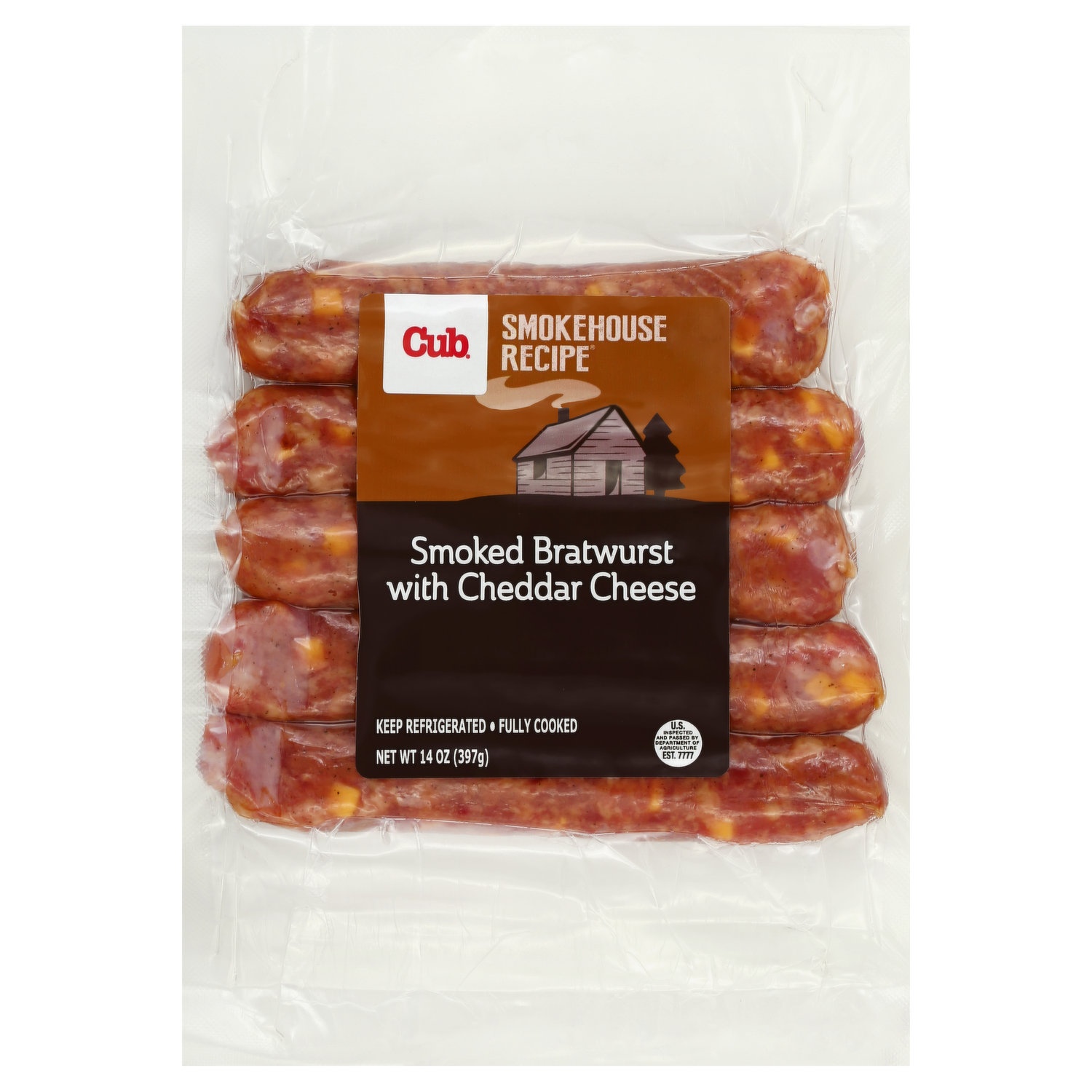 slide 1 of 1, Cub Bratwurst, Smoked, with Cheddar Cheese, 14 Ounce, 14 oz
