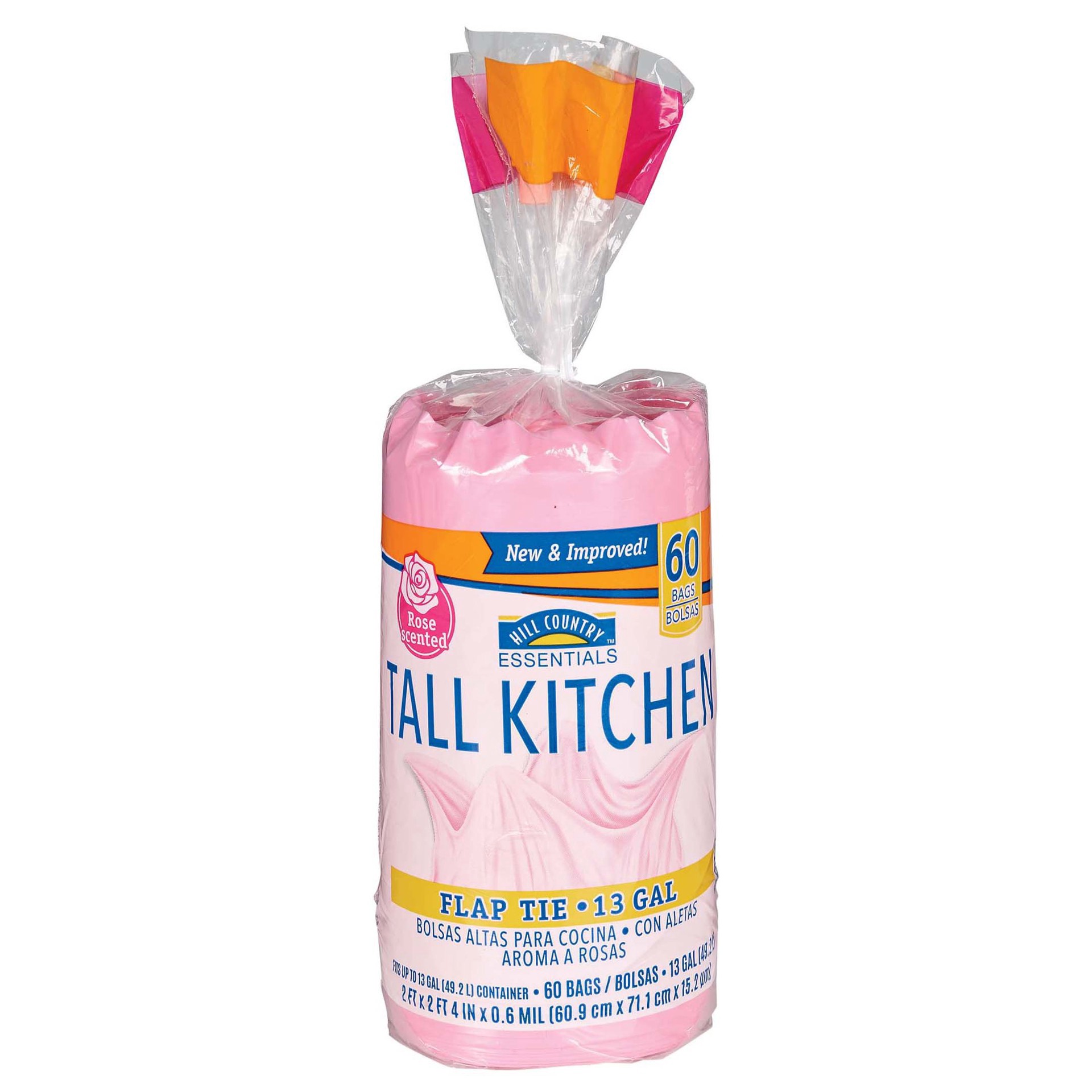 slide 1 of 1, Hill Country Fare Flap Tie Scented Tall Kitchen 13 Gallon Trash Bags, 60 ct