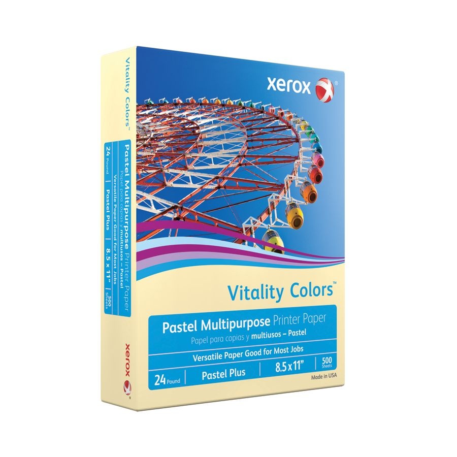 slide 2 of 3, Xerox Vitality Colors Pastel Plus Multi-Use Printer Paper, Letter Size (8 1/2'' X 11''), 24 Lb, 30% Recycled, Ivory, Ream Of 500 Sheets, 500 ct