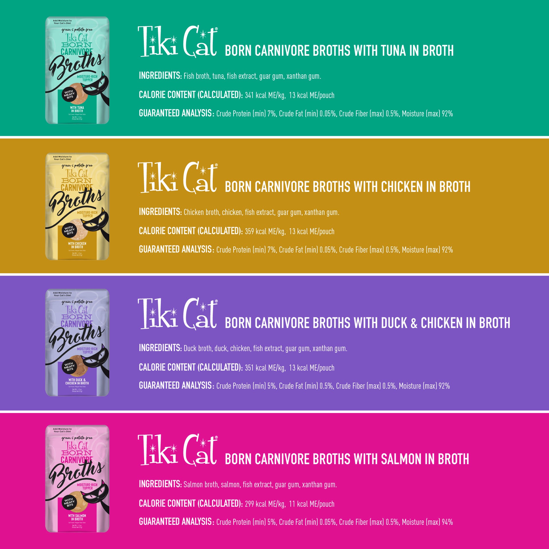 slide 2 of 7, Tiki Cat Born Carnivore Broths Wet Cat Food Toppers, Variety Pack, 1.3 oz. Pouch (12 Count), 15.6 oz