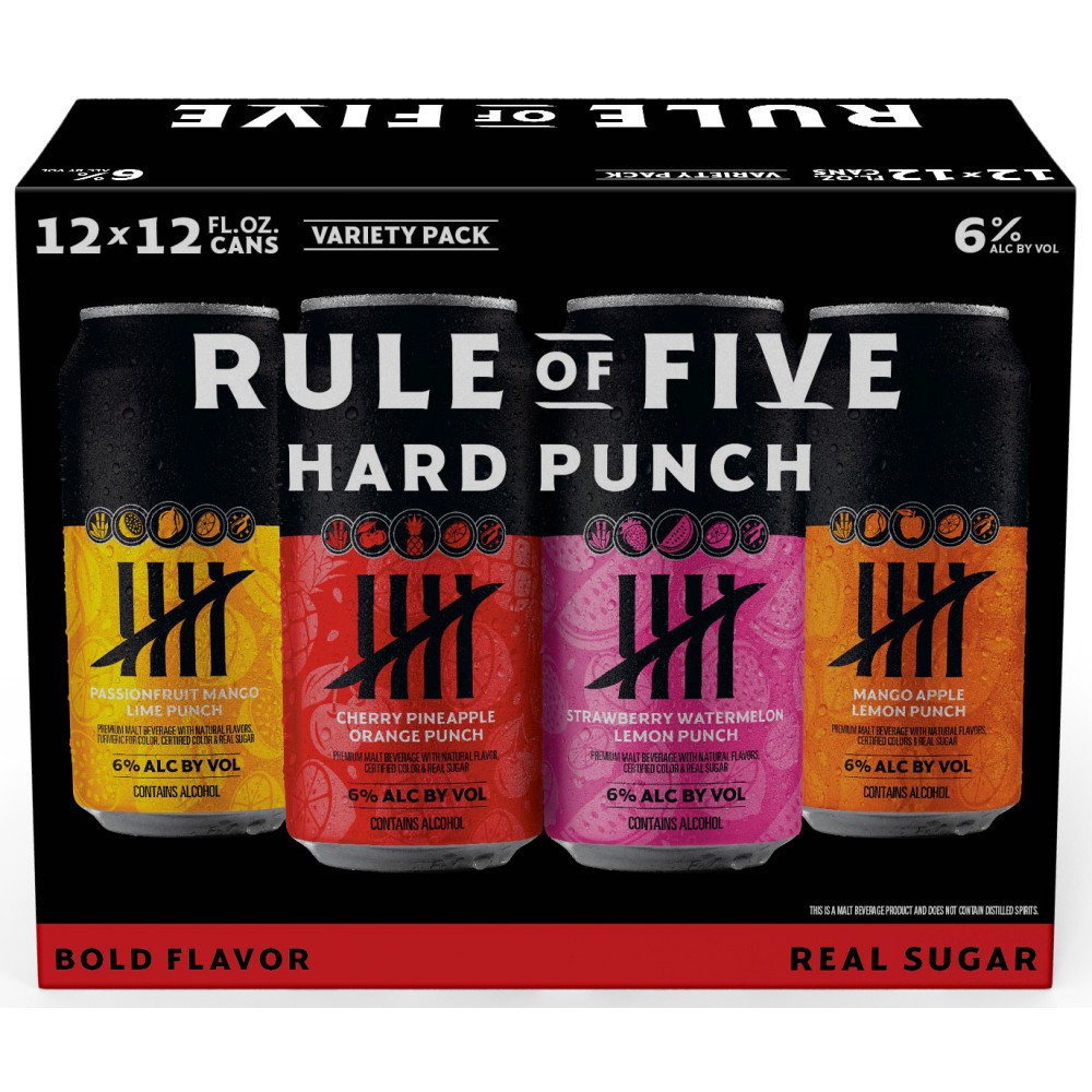 slide 1 of 1, Rule of Five Hard Punch Variety Pack Flavored Malt Beverages, 12 pk 12 fl. oz. Cans, 6% ABV, 144 fl oz