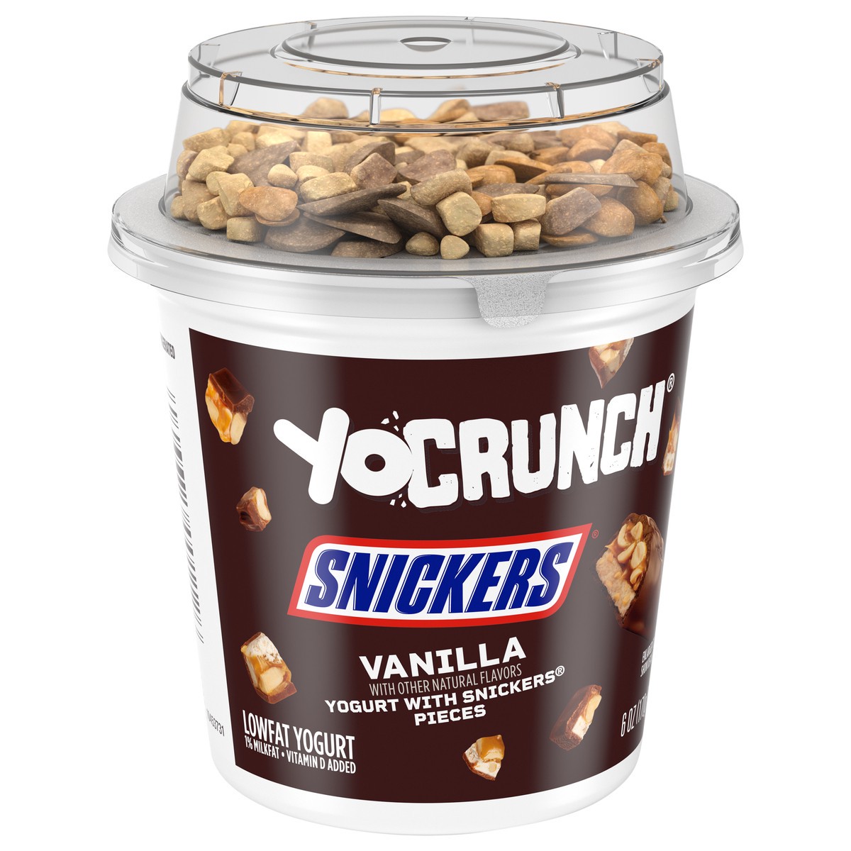 slide 2 of 9, YoCrunch Low Fat Vanilla Yogurt with Snickers Candy Pieces, 6 oz., 6 oz