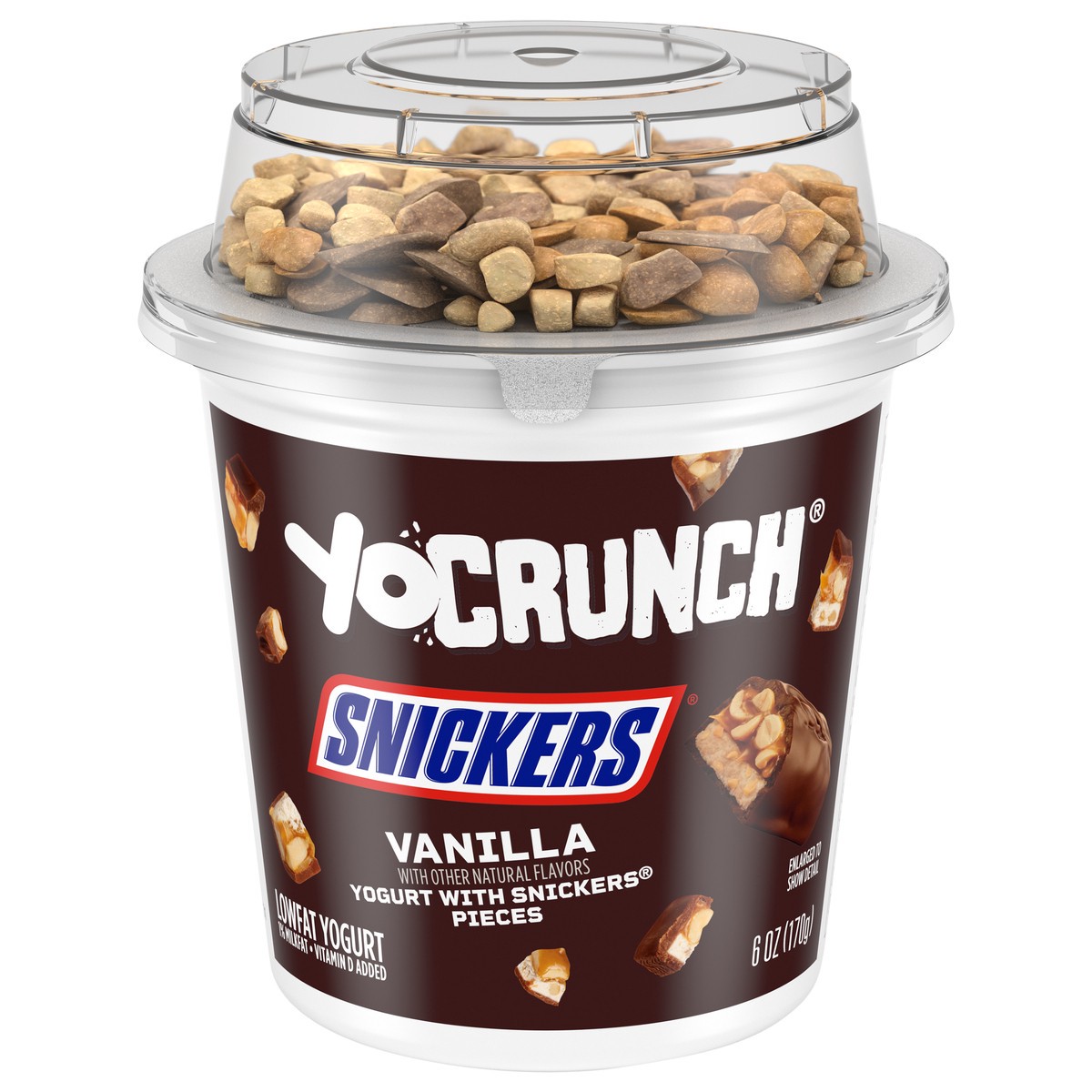 slide 1 of 9, YoCrunch Low Fat Vanilla Yogurt with Snickers Candy Pieces, 6 oz., 6 oz