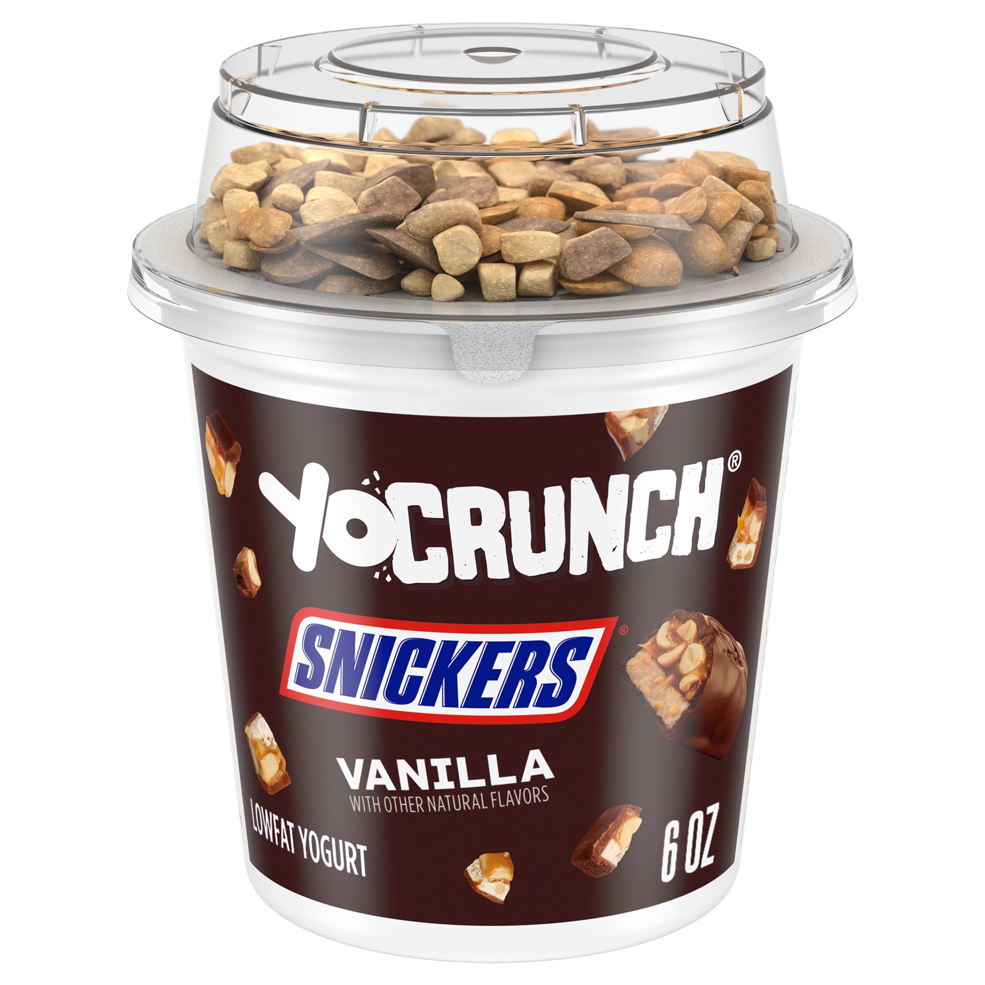 slide 1 of 9, YoCrunch Low Fat Vanilla Yogurt with Snickers Candy Pieces, 6 oz., 6 oz