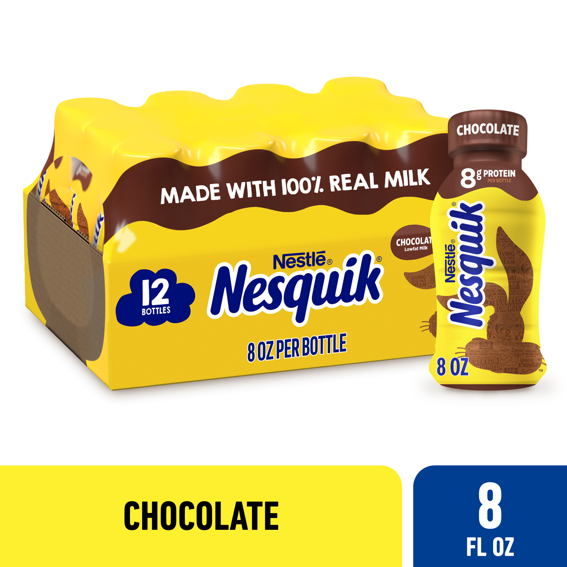 slide 1 of 8, Nesquik Chocolate Milk, Ready to Drink, Low-fat Milk, 12 Bulk Pack, 8 fl oz Bottles, 96 oz