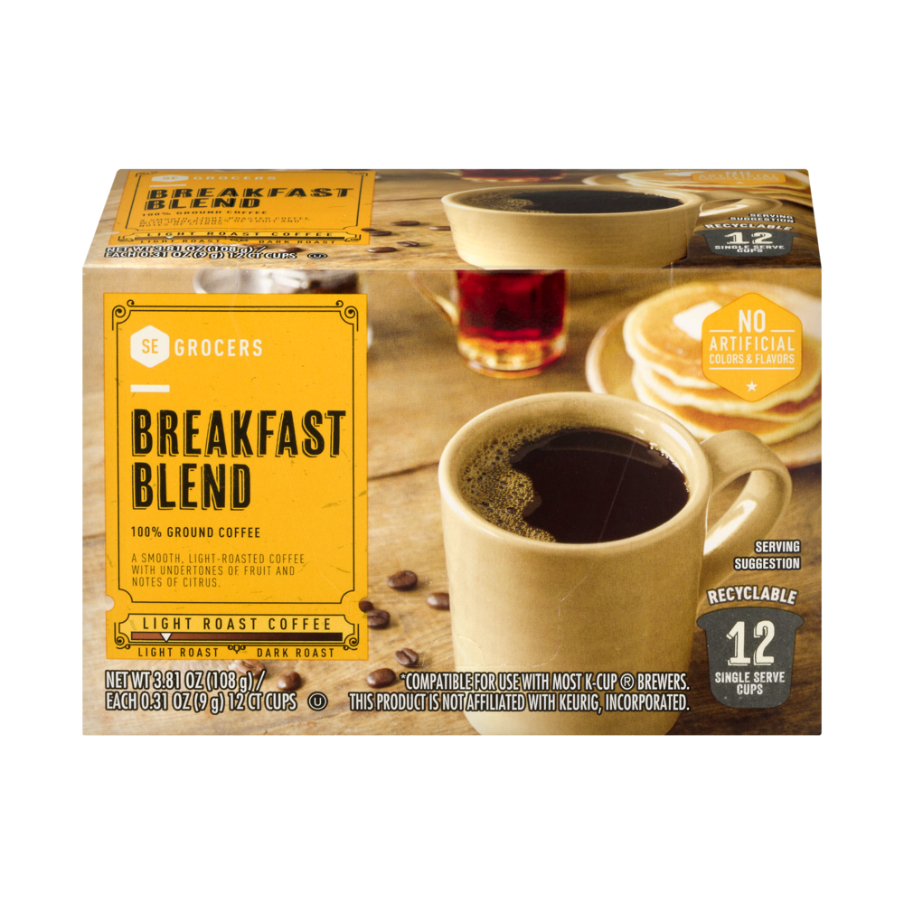 slide 1 of 1, SE Grocers 100% Ground Coffee Single Serve Cups Breakfast Blend - 12 CT, 12 ct