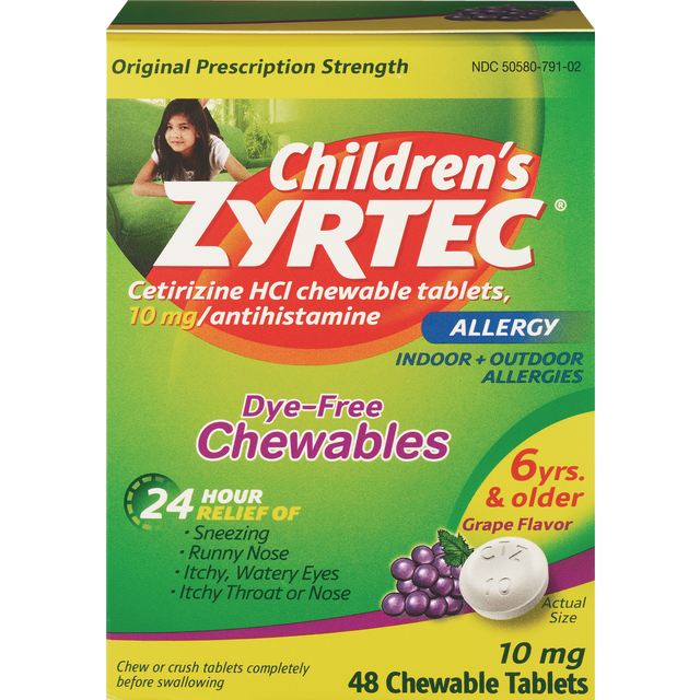 slide 1 of 1, Zyrtec Children's Zyrtec Allergy Dye-Free Chewables, 6 Years & Older, Grape Flavor, 48 Count, 48 ct