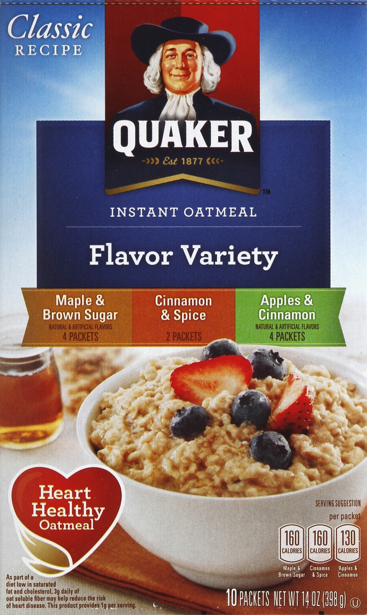slide 3 of 4, Quaker Maple & Brown Sugar Cinnamon & Spice Apples & Cinnamon Flavor Variety Instant Oatmeal (10-1.4 Oz) 14 Ounce Bags in Box, 14 oz