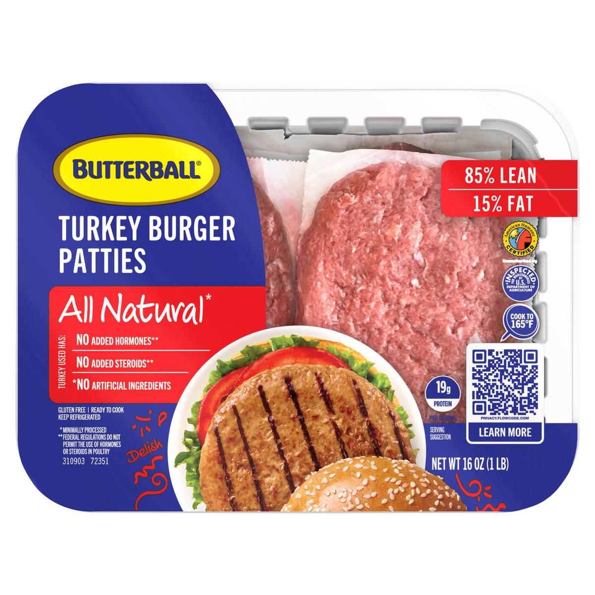 slide 1 of 8, Butterball All Natural Fresh 85/15% Lean Turkey Burger Patties, 16oz, 4 count, 1 lb