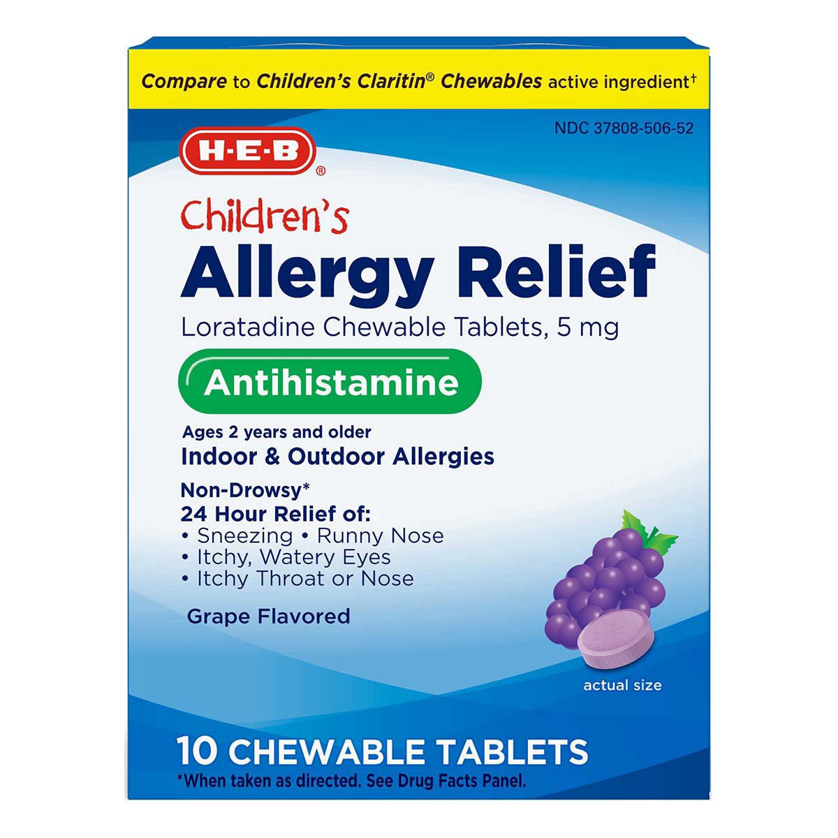 slide 1 of 1, H-E-B Children's Allergy Relief Loratadine Chewable Tablets – Grape Flavor, 10 ct