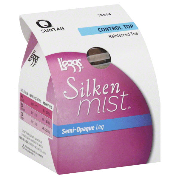 slide 1 of 1, L'eggs Silken Mist Semi-Opaque Leg Control Top Enhanced Toe Pantyhose, Suntan Q, q