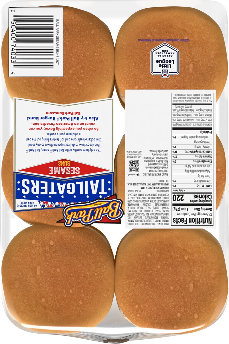 slide 12 of 13, Ball Park Tailgaters Sesame Buns, 12 count, Hamburger Buns, 32 oz Multipack, 12 ct