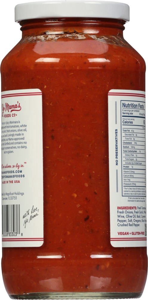 slide 4 of 4, Yo Mama's Foods Tomato Sauce Spicy Marinara, 25 oz