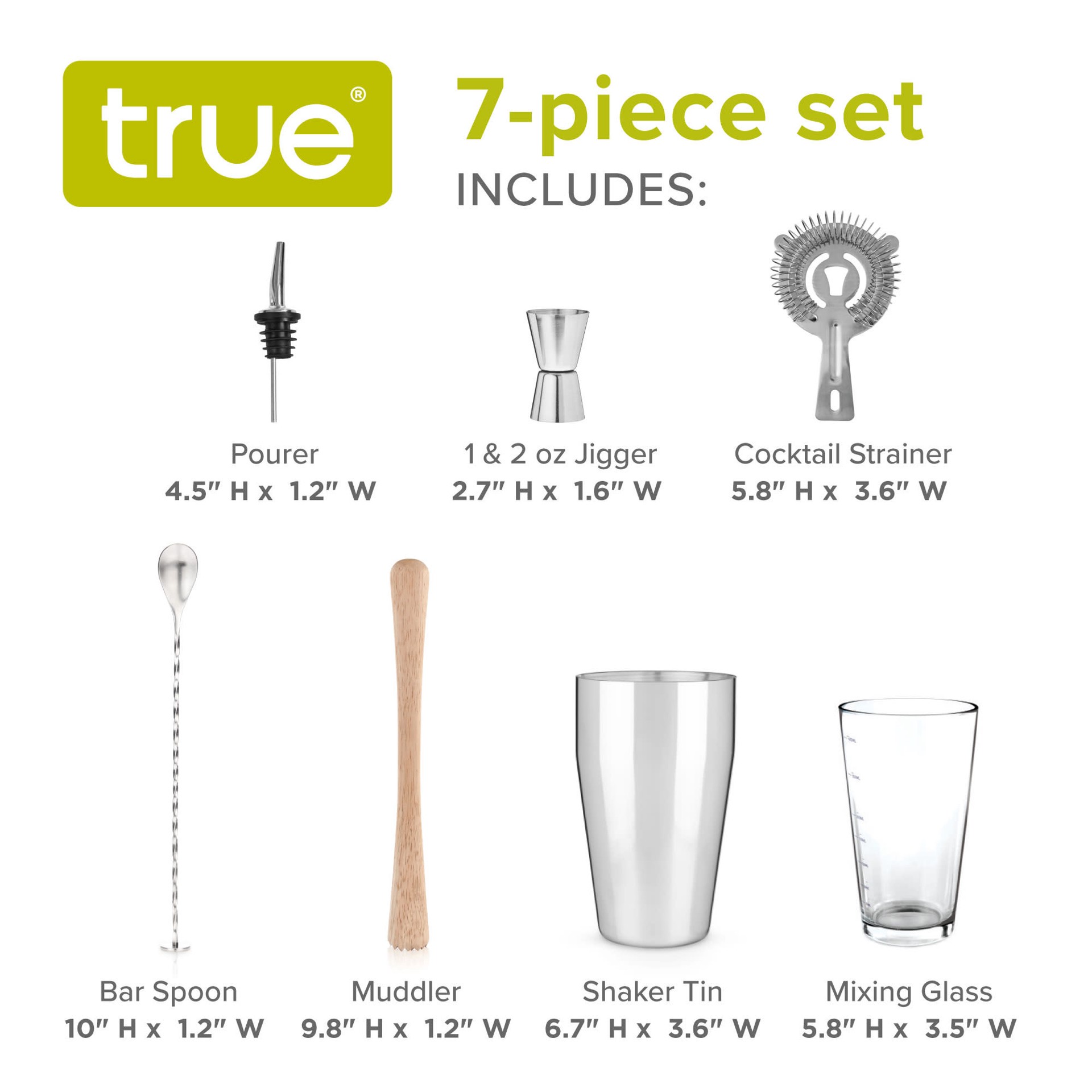 slide 2 of 5, True 7 Piece Bar Tool Set, Stainless Steel Barware Gift Set, Shaker, Mixing Glass, Strainer, Jigger, Muddler, Bar Spoon, Pour Spout, Set of 7, 7 ct