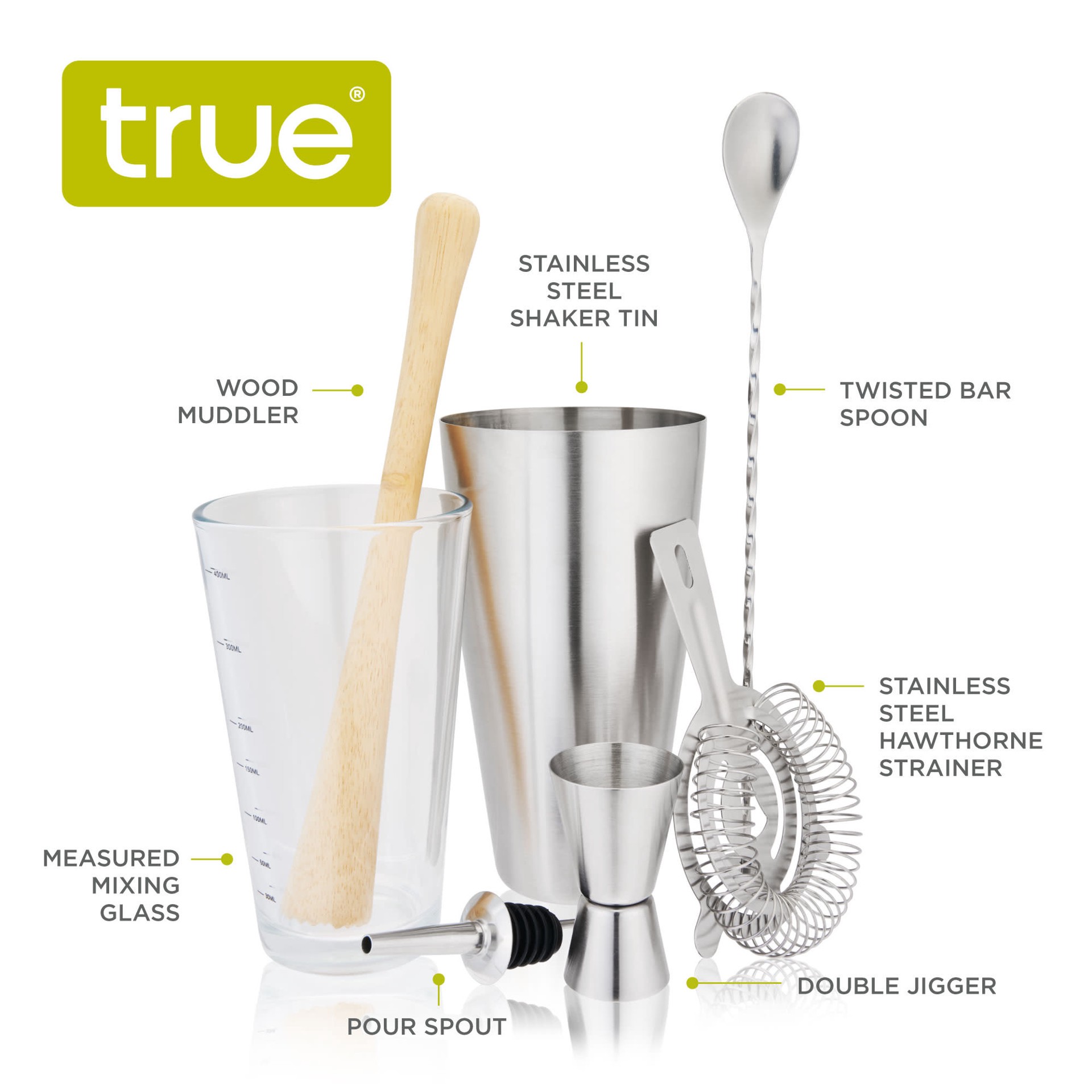 slide 4 of 5, True 7 Piece Bar Tool Set, Stainless Steel Barware Gift Set, Shaker, Mixing Glass, Strainer, Jigger, Muddler, Bar Spoon, Pour Spout, Set of 7, 7 ct