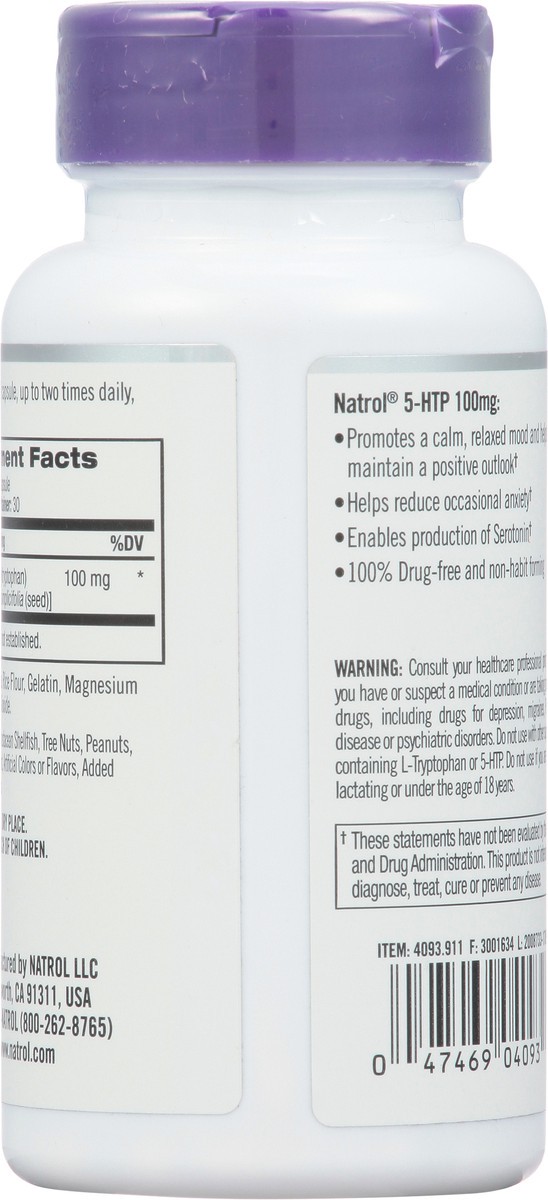 slide 14 of 14, Natrol 5-HTP Promotes a Calm, Relaxed Mood, Drug Free, 100mg, 30 Capsules, 30 ct; 100 mg