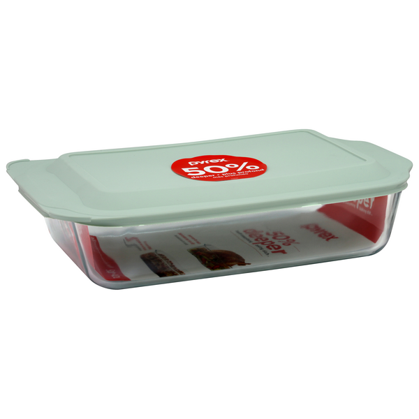 slide 1 of 1, Pyrex Deep Dish Baking Pan With Lid - Sage, 9 in x 13 in