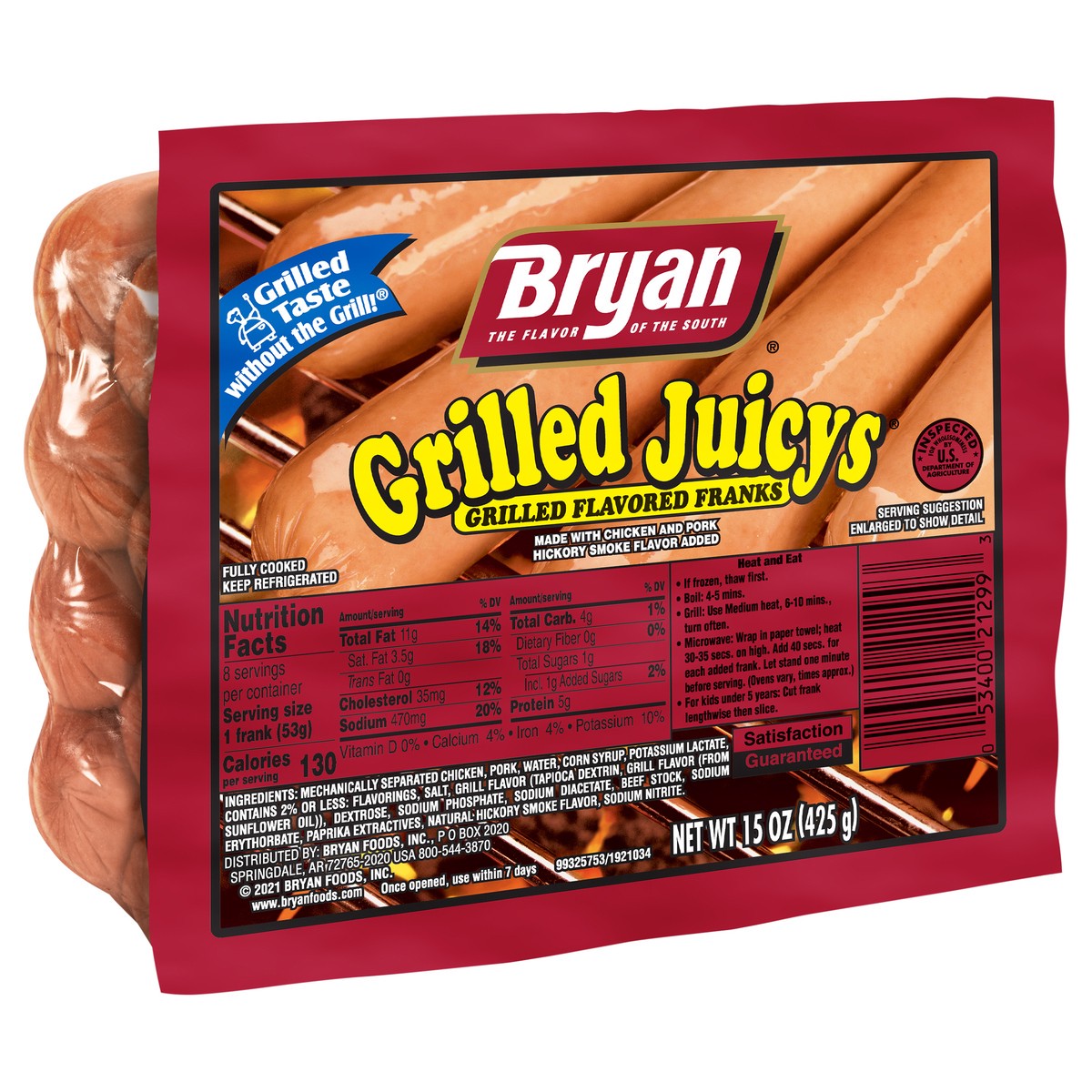 slide 3 of 7, Bryan Grilled Juicys Hot Dogs, 8 Count, 425.24 g