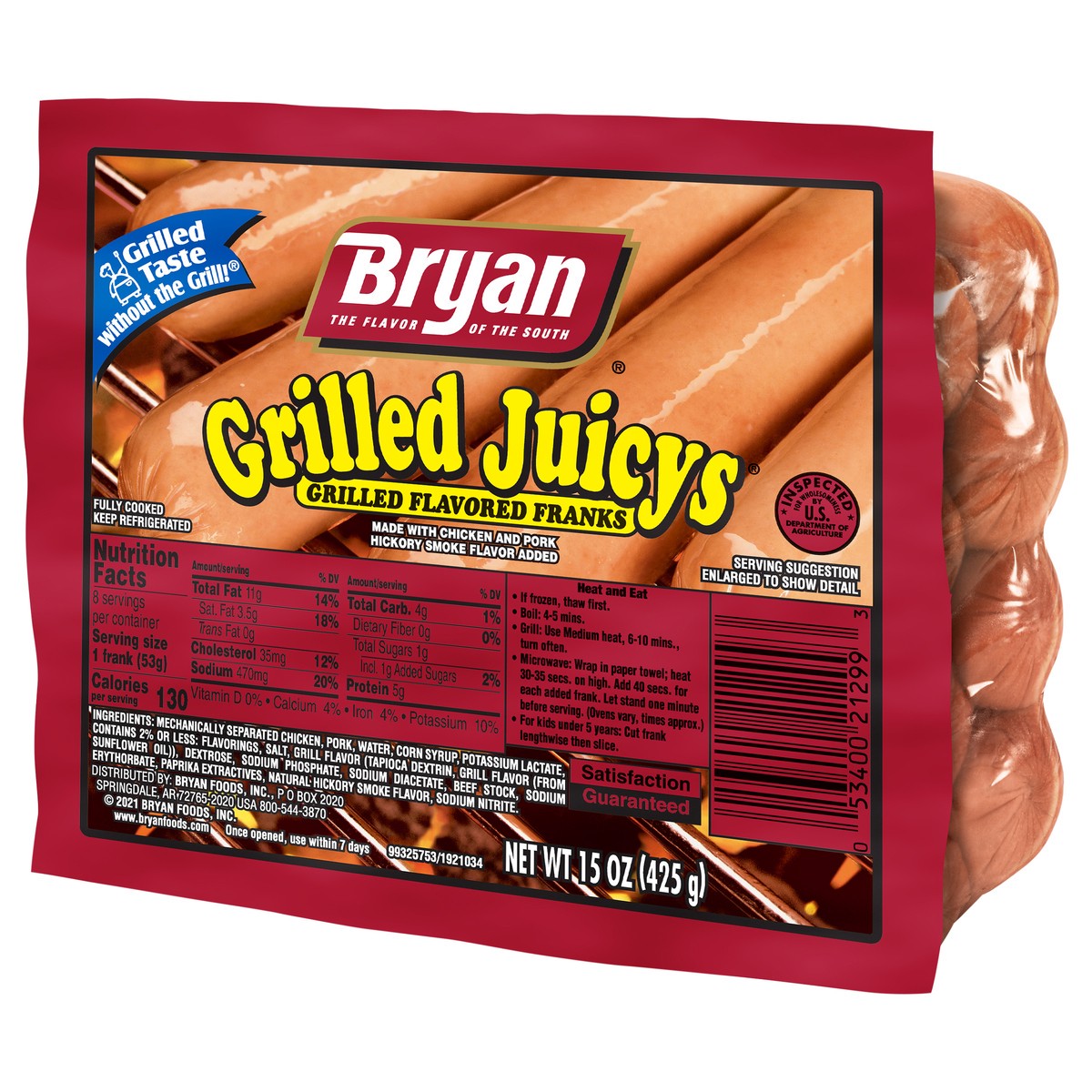 slide 4 of 7, Bryan Grilled Juicys Hot Dogs, 8 Count, 425.24 g