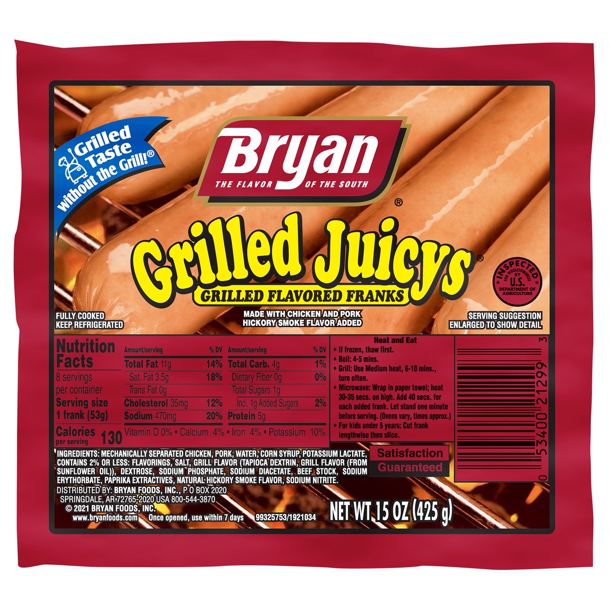 slide 1 of 7, Bryan Grilled Juicys Hot Dogs, 8 Count, 425.24 g