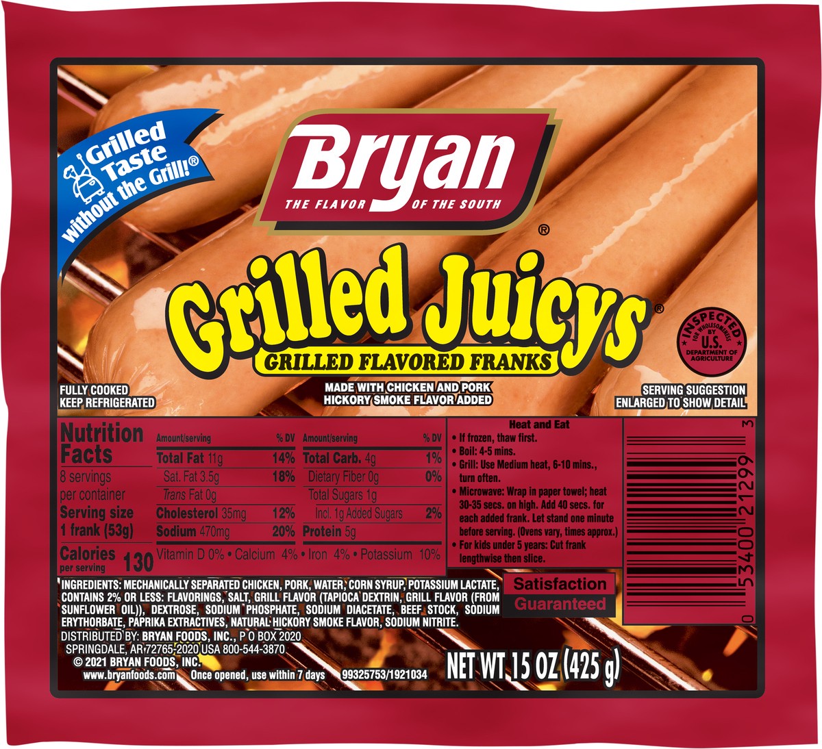 slide 2 of 7, Bryan Grilled Juicys Hot Dogs, 8 Count, 425.24 g