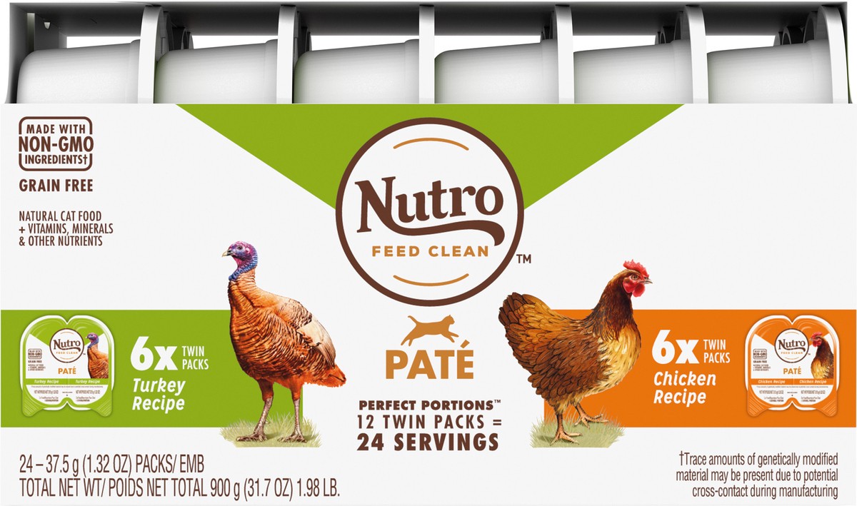 slide 6 of 10, NUTRO Grain Free* Natural Wet Cat Food Paté Turkey Recipe and Chicken Recipe Variety Pack, (12) PERFECT PORTIONS Twin-Pack Trays, 2.64 oz