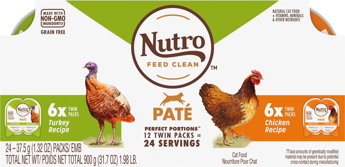 slide 8 of 10, NUTRO Grain Free* Natural Wet Cat Food Paté Turkey Recipe and Chicken Recipe Variety Pack, (12) PERFECT PORTIONS Twin-Pack Trays, 2.64 oz