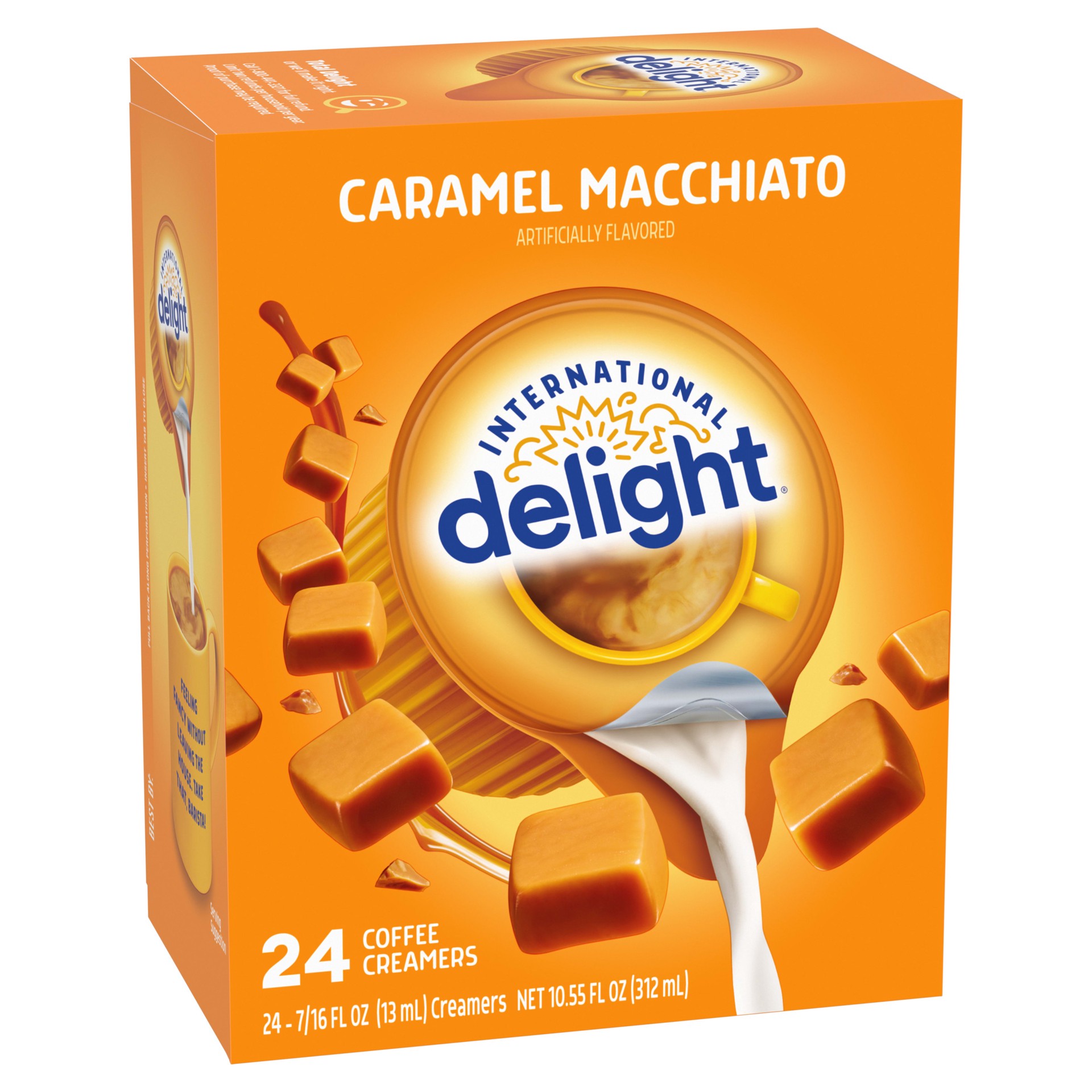 slide 5 of 5, International Delight Coffee Creamer Singles, Caramel Macchiato, Shelf Stable Flavored Creamer, 24 Ct, 0.44 FL OZ, Pre-Portioned Creamers, 24 ct