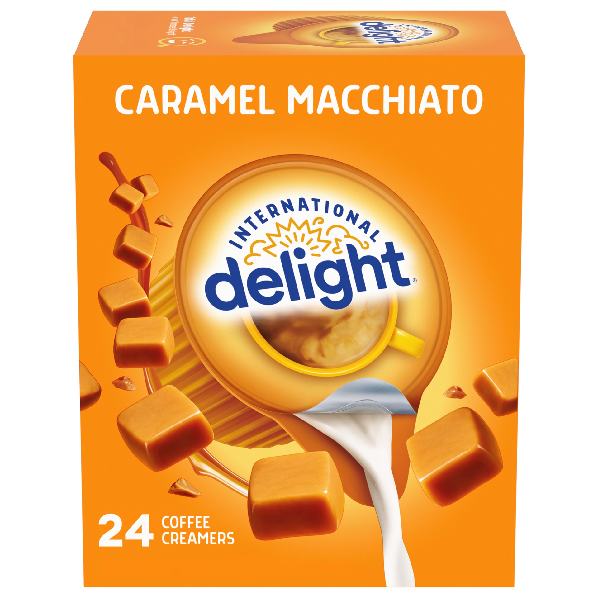 slide 1 of 5, International Delight Coffee Creamer Singles, Caramel Macchiato, Shelf Stable Flavored Creamer, 24 Ct, 0.44 FL OZ, Pre-Portioned Creamers, 24 ct