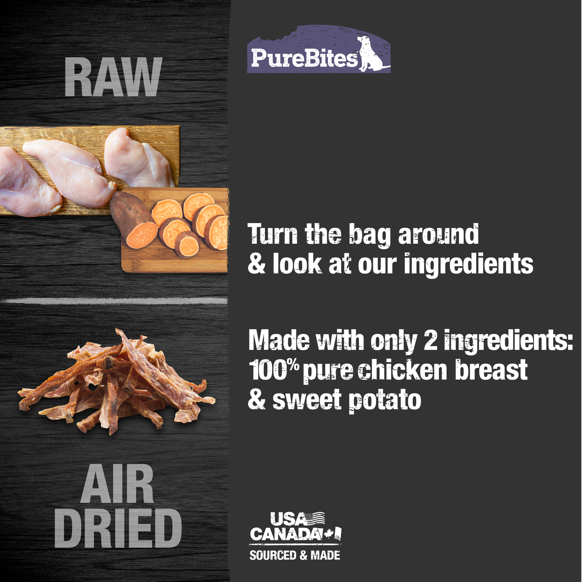 slide 5 of 5, PureBites Gently Air Dried Chicken & Sweet Potato Jerky Dog Treats 180g | 2 Ingredients | Made in Canada, 6.3 oz