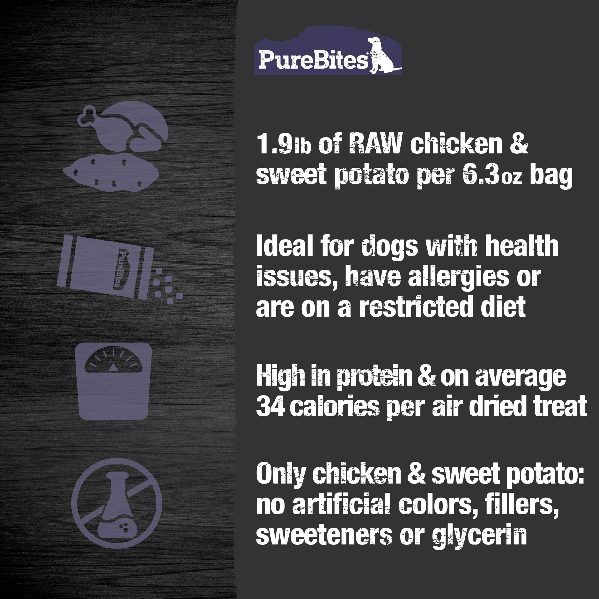 slide 4 of 5, PureBites Gently Air Dried Chicken & Sweet Potato Jerky Dog Treats 180g | 2 Ingredients | Made in Canada, 6.3 oz