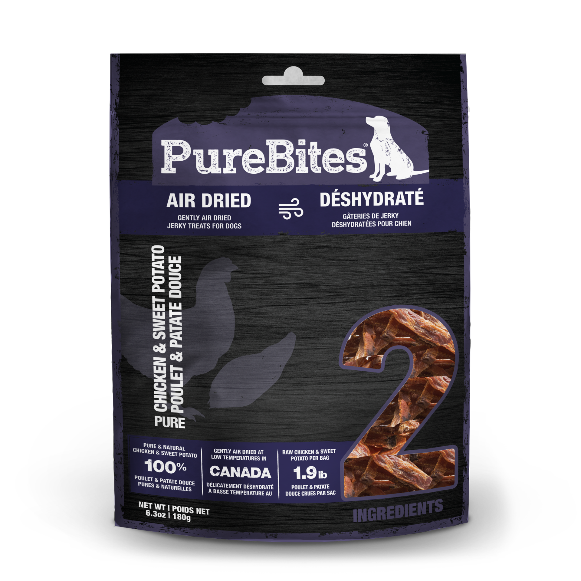 slide 1 of 5, PureBites Gently Air Dried Chicken & Sweet Potato Jerky Dog Treats 180g | 2 Ingredients | Made in Canada, 6.3 oz