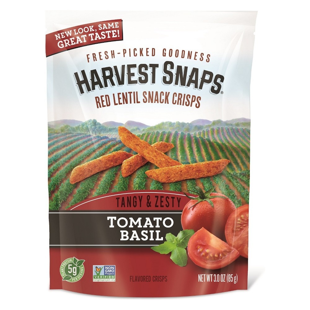 slide 2 of 3, Harvest Snaps Tomato Basil Lentil Bean Crisps, 3 oz
