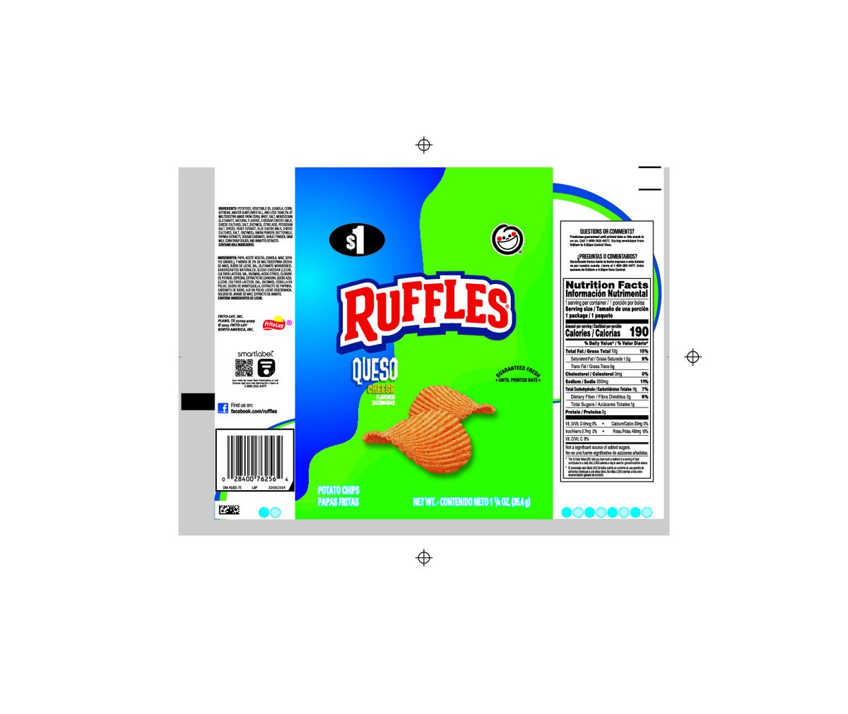 slide 8 of 8, Ruffles Potato Chips Queso Cheese Flavored 1 1/4 Oz, 1.25 oz