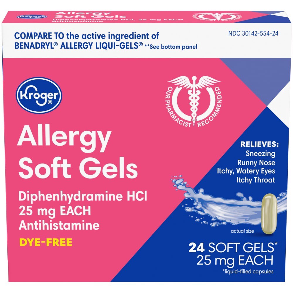 slide 3 of 3, Kroger Dye-Free Allergy Soft Gels 25Mg, 24 ct
