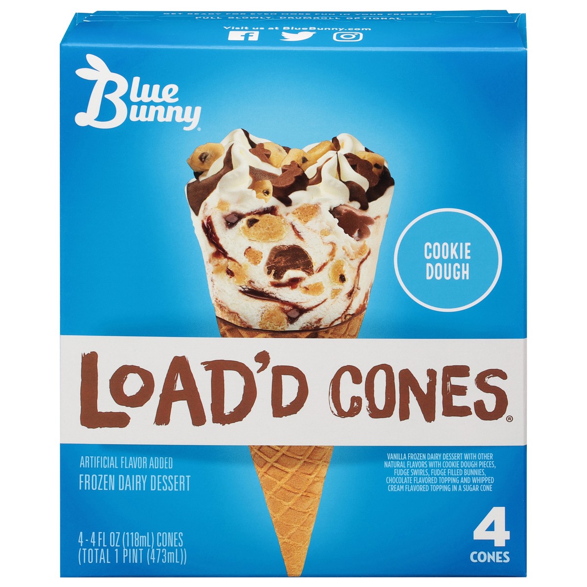 slide 1 of 5, Blue Bunny Load'D Cones Cookie Dough Ice Cream Cones, 4 ct