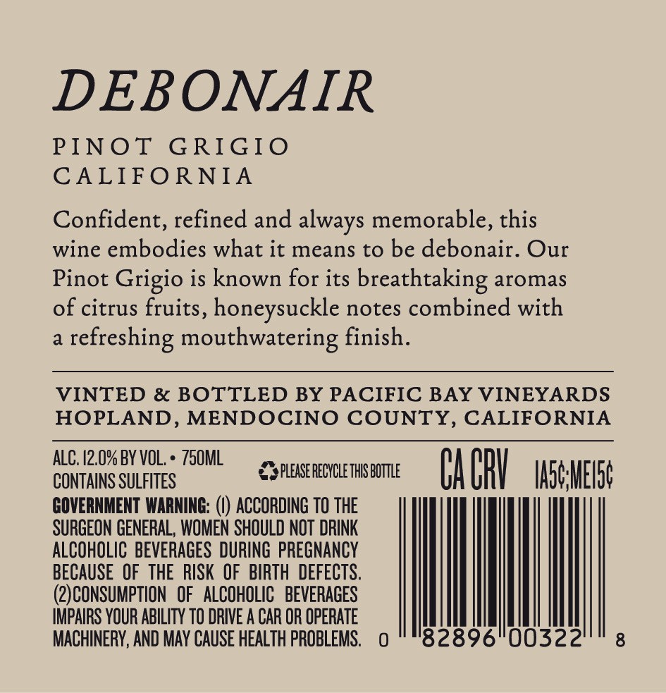 slide 3 of 4, Debonair California Pinot Pinot Grigio 750 ml Bottle, 750 ml