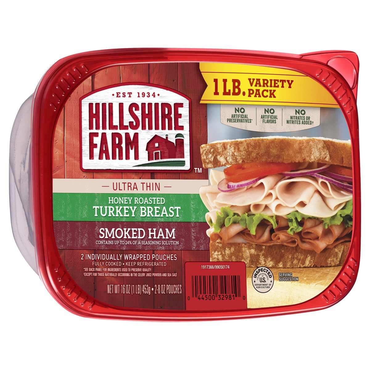 slide 7 of 9, Hillshire Farm Ultra Thin Sliced Deli Lunch Meat, Honey Roasted Turkey Breast and Smoked Ham, 16 oz, 453.59 g