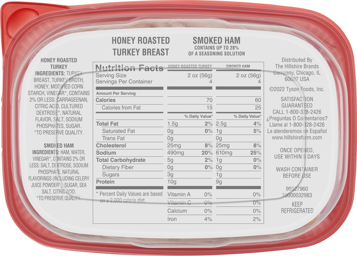 slide 6 of 9, Hillshire Farm Ultra Thin Sliced Deli Lunch Meat, Honey Roasted Turkey Breast and Smoked Ham, 16 oz, 453.59 g
