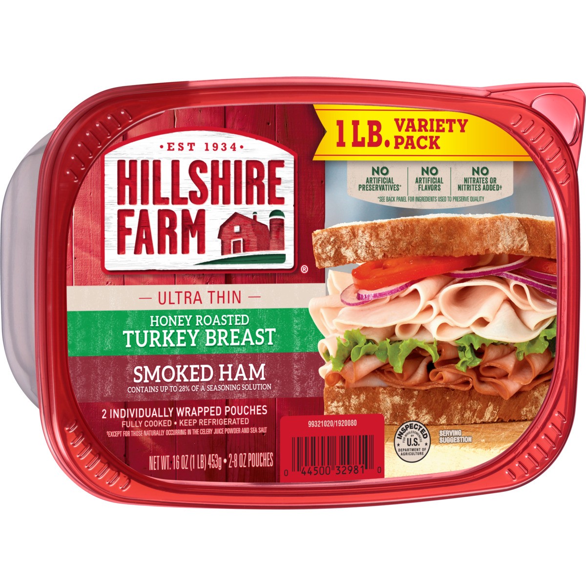slide 5 of 9, Hillshire Farm Ultra Thin Sliced Deli Lunch Meat, Honey Roasted Turkey Breast and Smoked Ham, 16 oz, 453.59 g