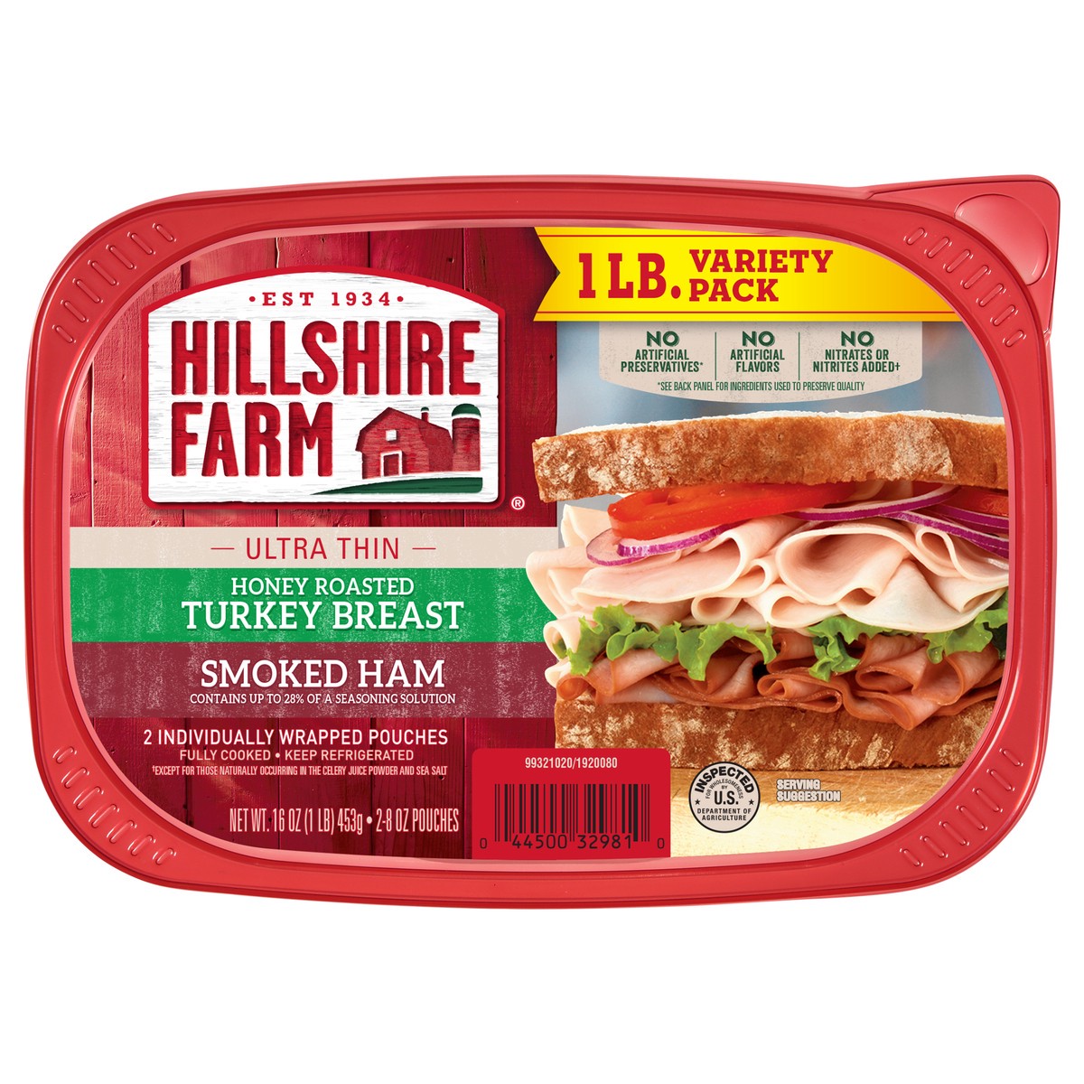 slide 2 of 9, Hillshire Farm Ultra Thin Sliced Deli Lunch Meat, Honey Roasted Turkey Breast and Smoked Ham, 16 oz, 453.59 g