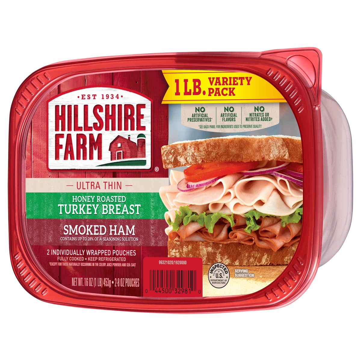 slide 4 of 9, Hillshire Farm Ultra Thin Sliced Deli Lunch Meat, Honey Roasted Turkey Breast and Smoked Ham, 16 oz, 453.59 g