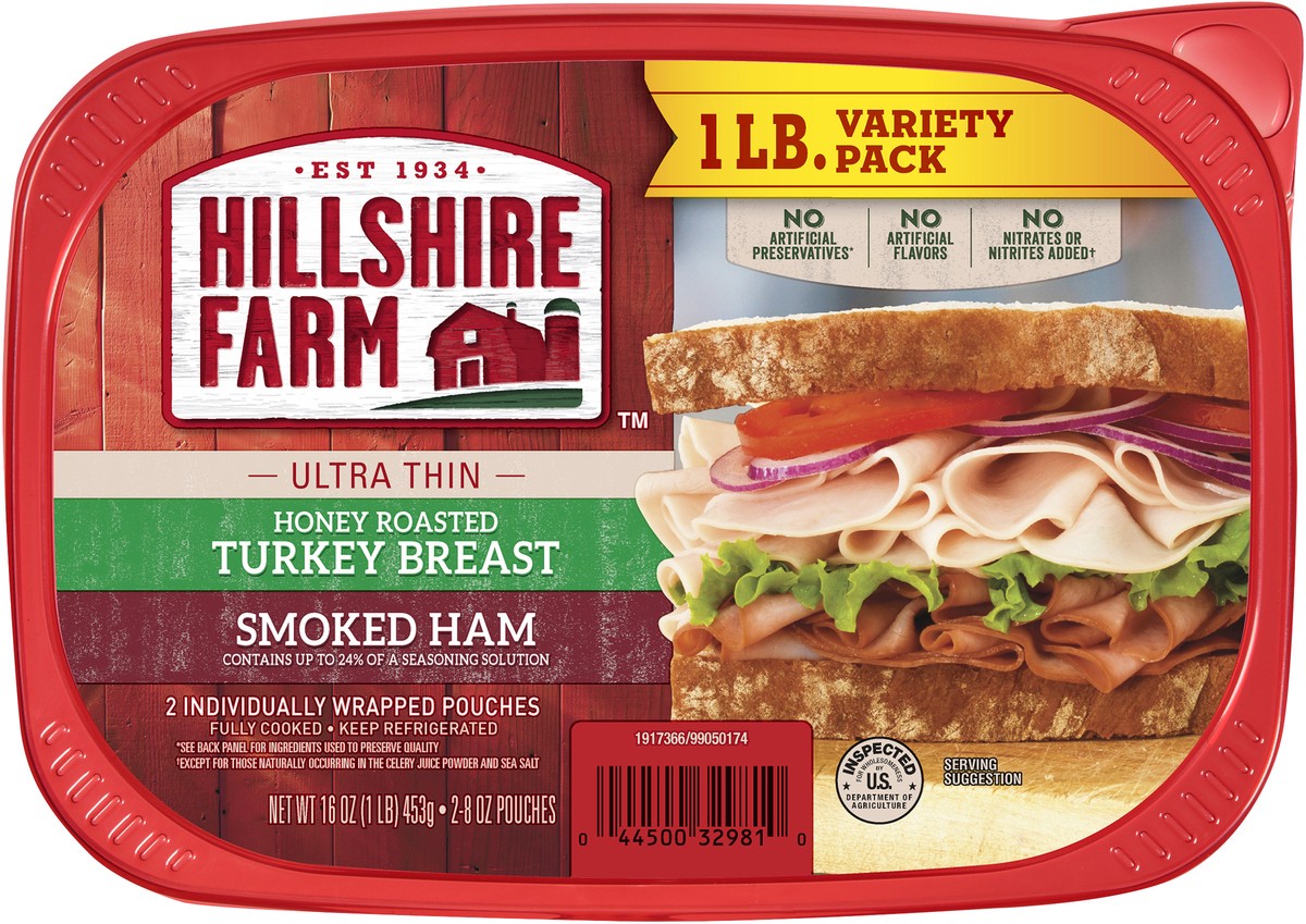 slide 9 of 9, Hillshire Farm Ultra Thin Sliced Deli Lunch Meat, Honey Roasted Turkey Breast and Smoked Ham, 16 oz, 453.59 g