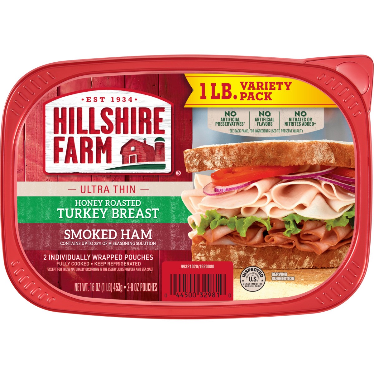 slide 1 of 9, Hillshire Farm Ultra Thin Sliced Deli Lunch Meat, Honey Roasted Turkey Breast and Smoked Ham, 16 oz, 453.59 g