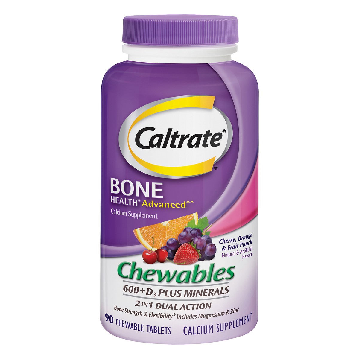slide 11 of 11, Caltrate 600+D3 Plus Minerals (Cherry, Orange, and Fruit Punch, 90 Count) Calcium & Vitamin D3 Chewable Supplement, 600mg, 90 ct