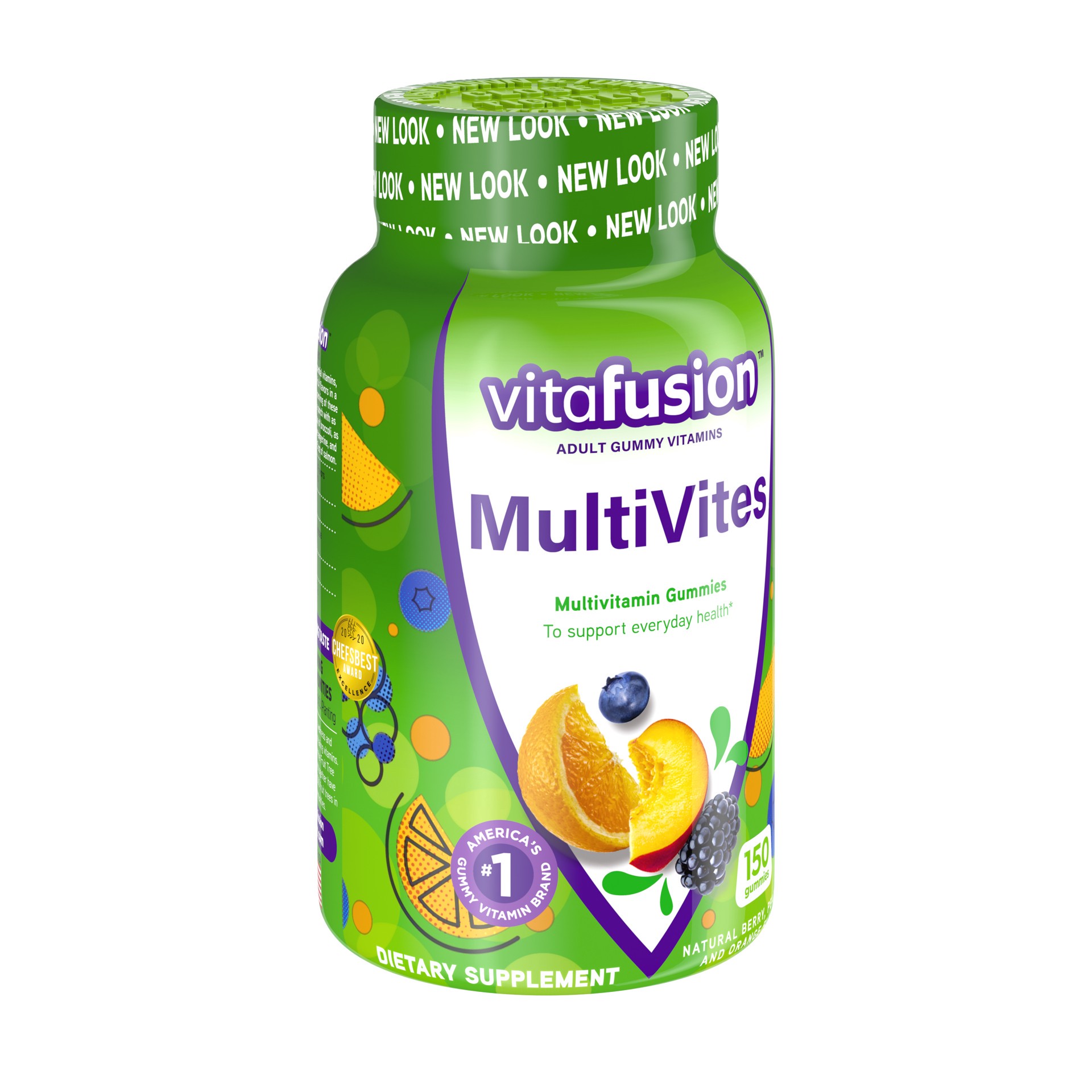 slide 5 of 5, vitafusion Multivites Daily Gummy Multivitamin for Men and Women: vitamin A, B12, B6, C, D & E, Delicious Berry, Peach and Orange Flavors, 150ct (75 day supply), 150 ct