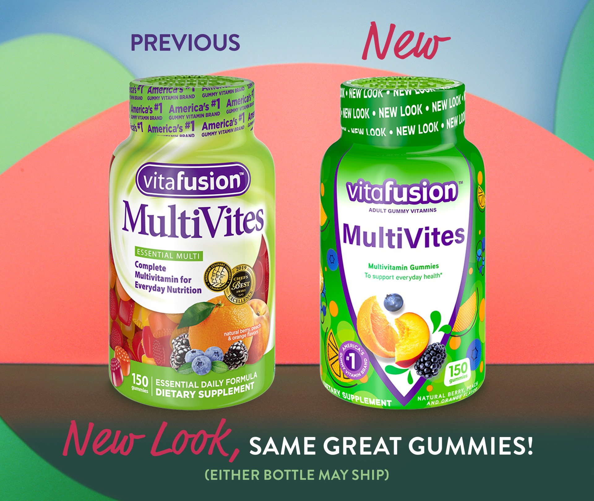 slide 4 of 5, vitafusion Multivites Daily Gummy Multivitamin for Men and Women: vitamin A, B12, B6, C, D & E, Delicious Berry, Peach and Orange Flavors, 150ct (75 day supply), 150 ct