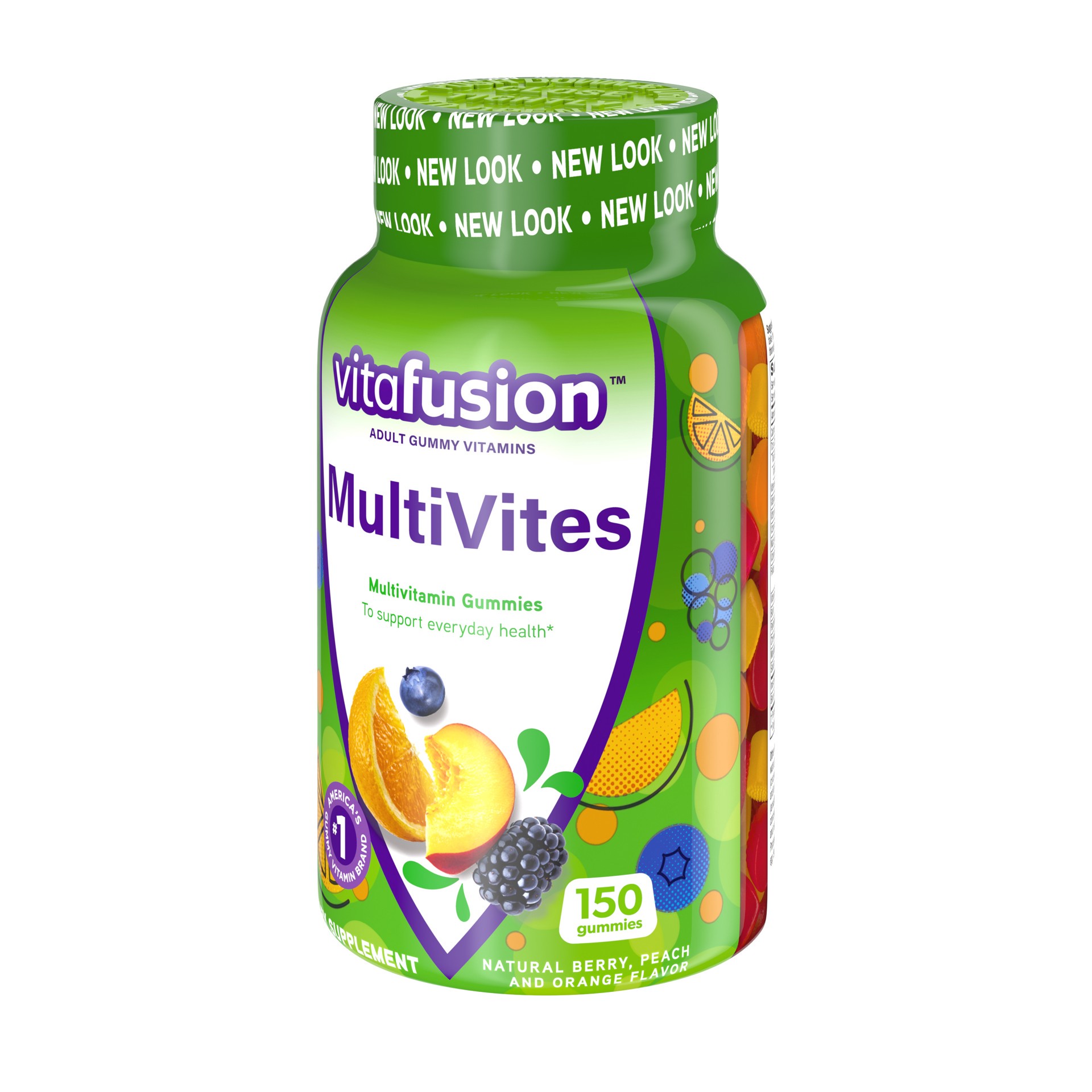 slide 3 of 5, vitafusion Multivites Daily Gummy Multivitamin for Men and Women: vitamin A, B12, B6, C, D & E, Delicious Berry, Peach and Orange Flavors, 150ct (75 day supply), 150 ct