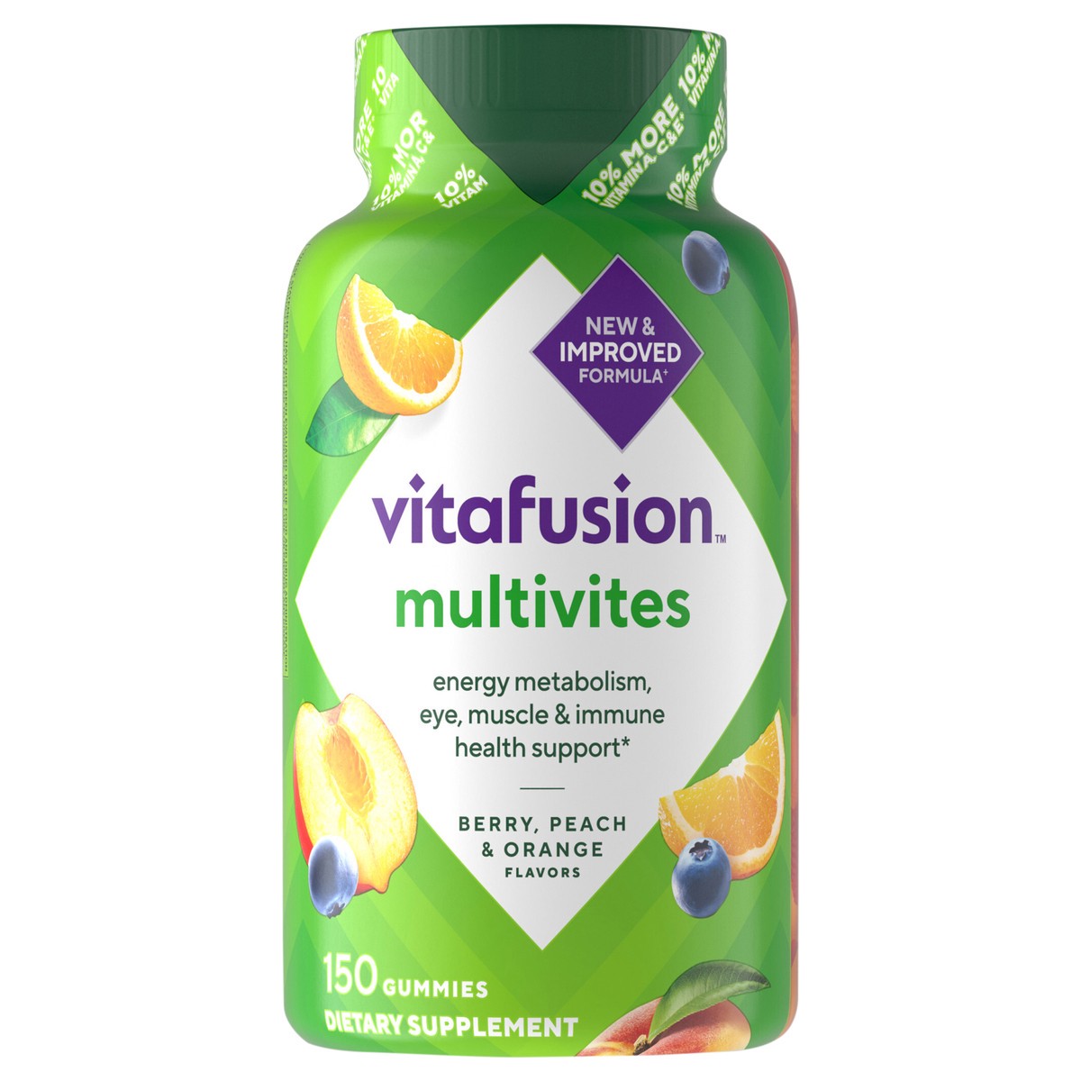 slide 1 of 5, vitafusion Multivites Daily Gummy Multivitamin for Men and Women: vitamin A, B12, B6, C, D & E, Delicious Berry, Peach and Orange Flavors, 150ct (75 day supply), 150 ct